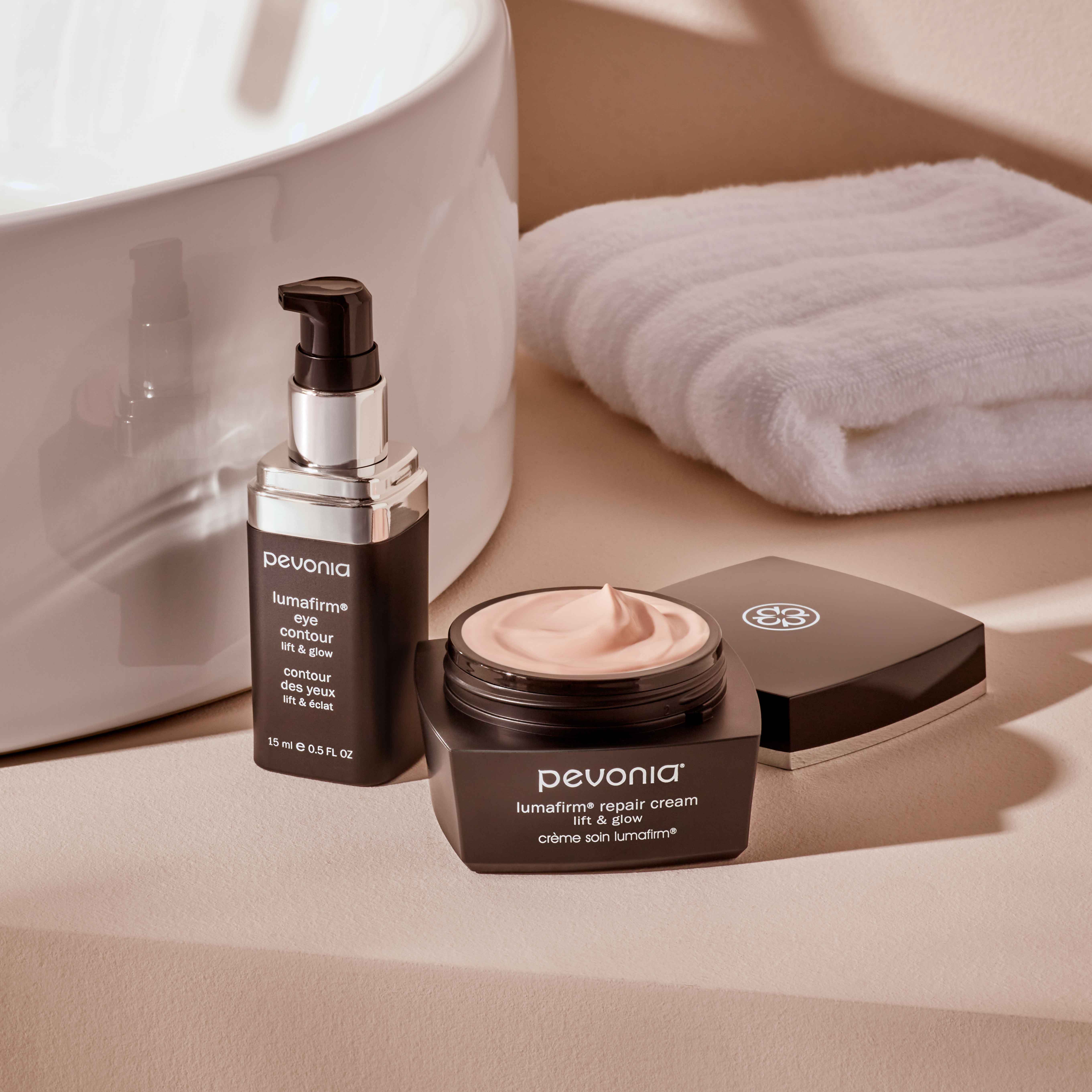 Lumafirm products next to a sink and face towel.