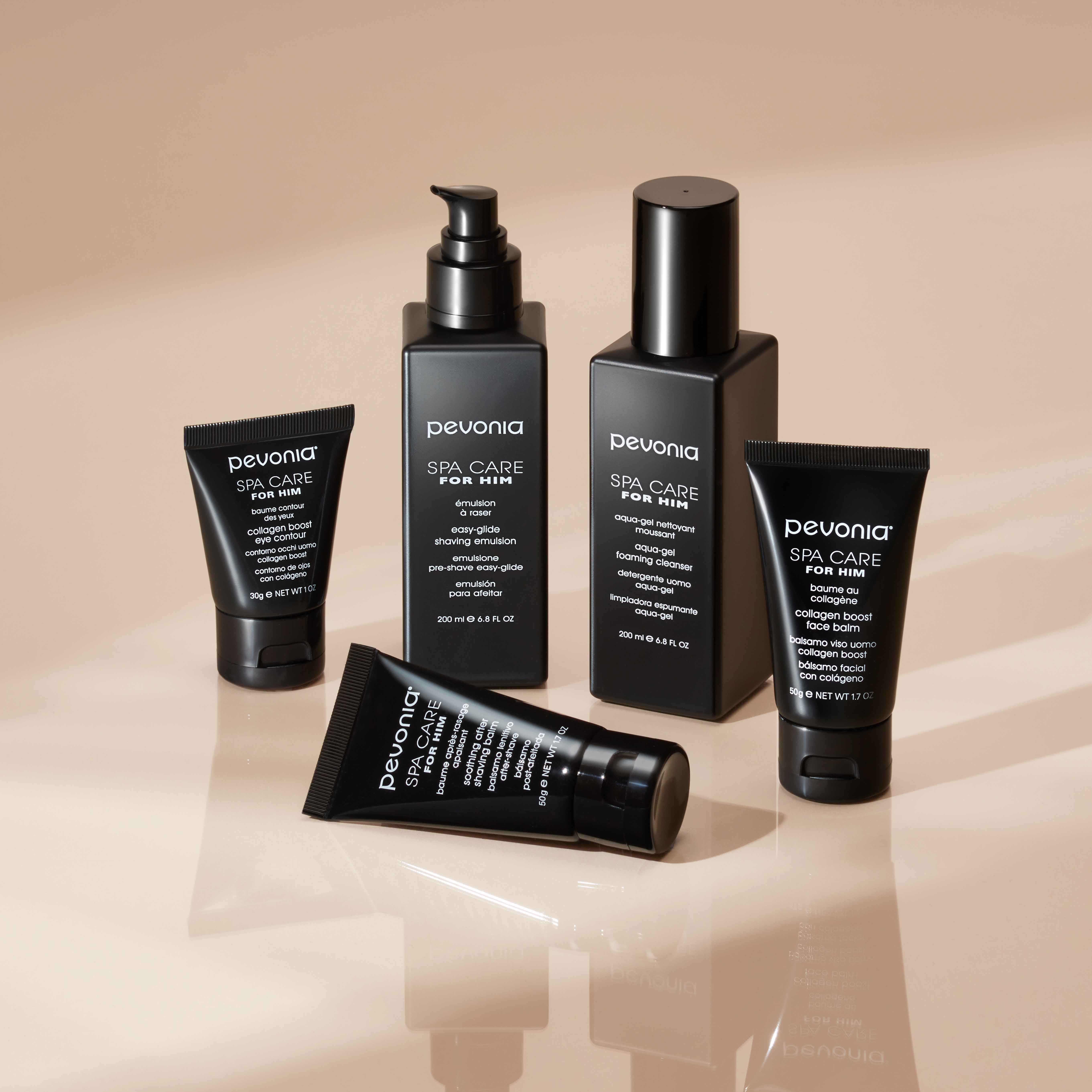 Men's Product Line atop a reflective tan surface.