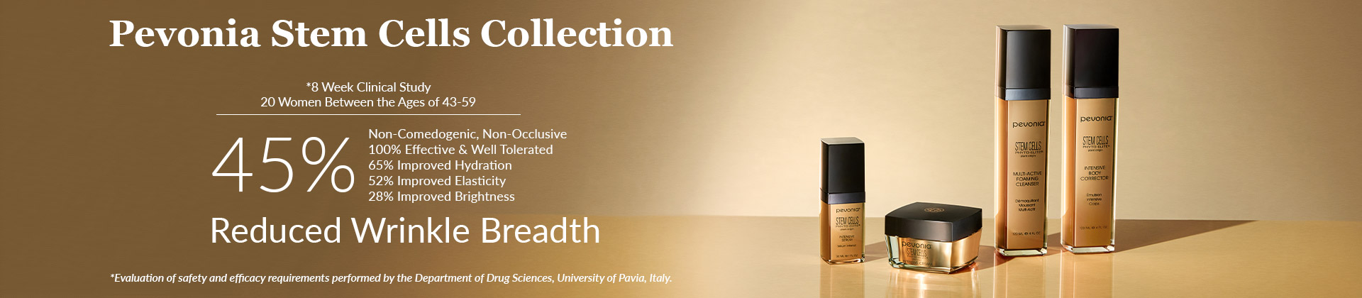 Banner detailing efficacy statistics for Pevonia's Stem Cells Line.