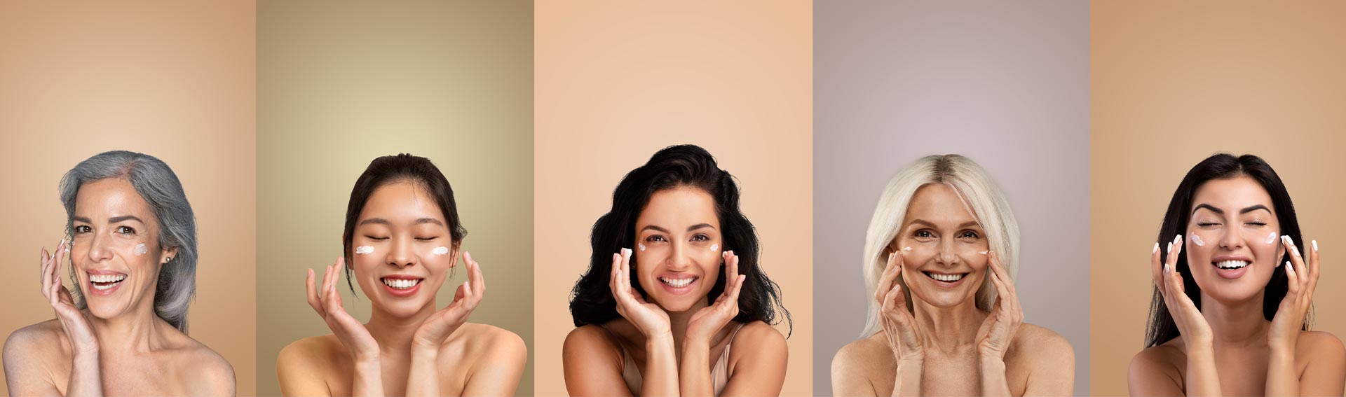 Multiple women smiling in different colored columns.
